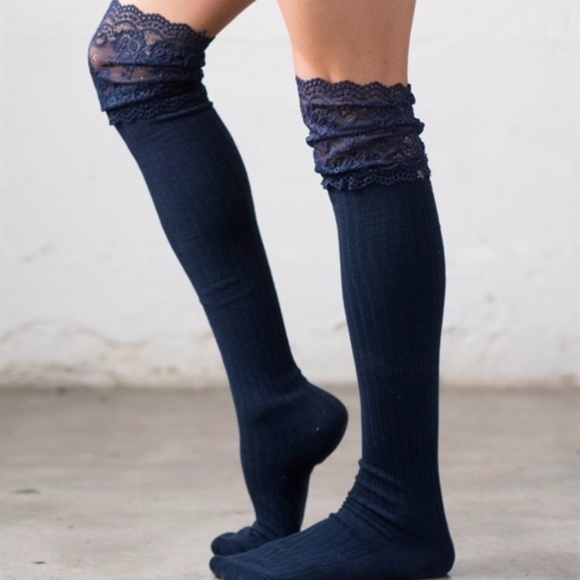 Accessories - Lace Topped Knee Socks Navy Boot Over the Knee